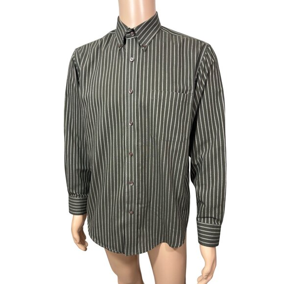St. John’s Bay Men’s Button Down Shirt M Olive Green & Grey Stripes Long Sleeve - Picture 1 of 10